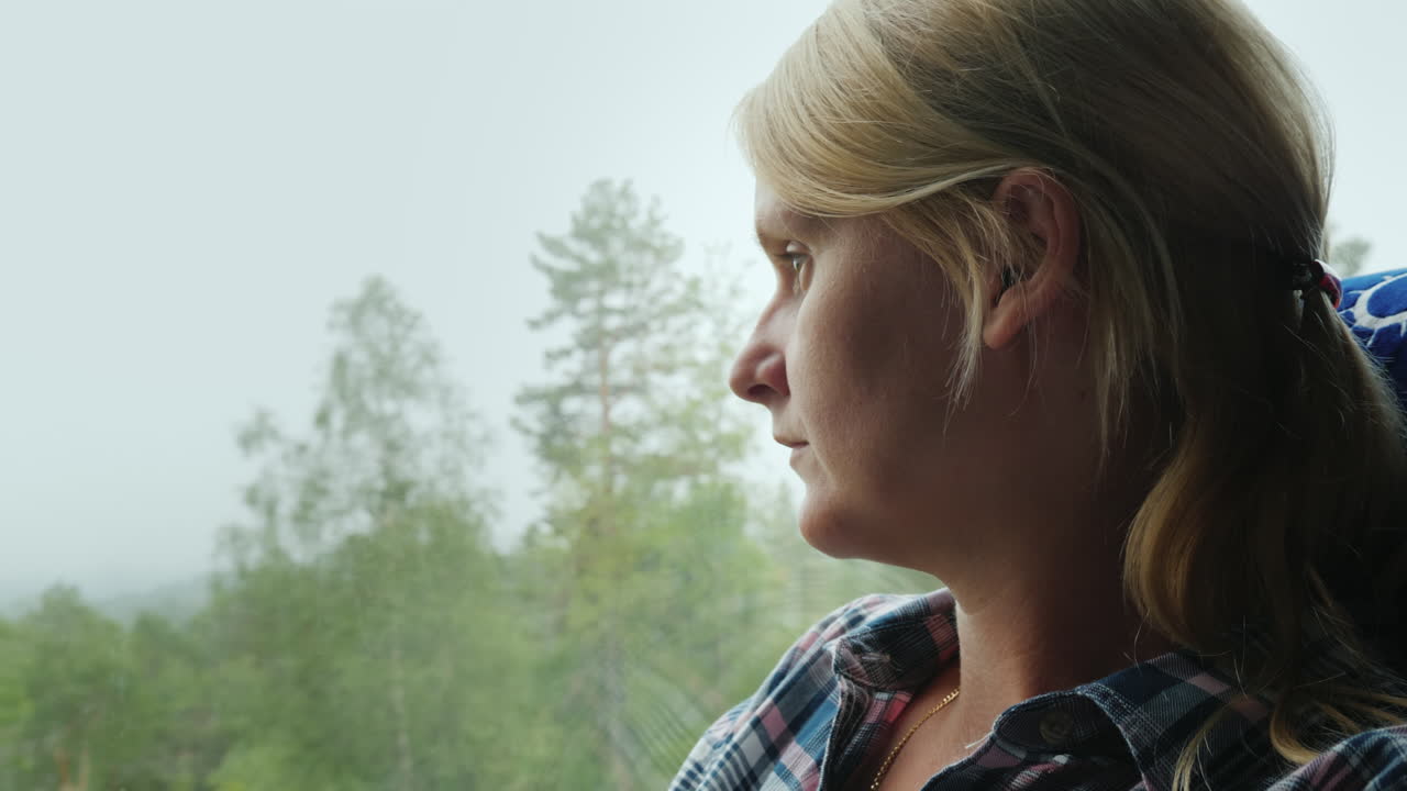 una mujer mira por la ventana de un autobús a un bosque cubierto de niebla espesa que viaja en noruega