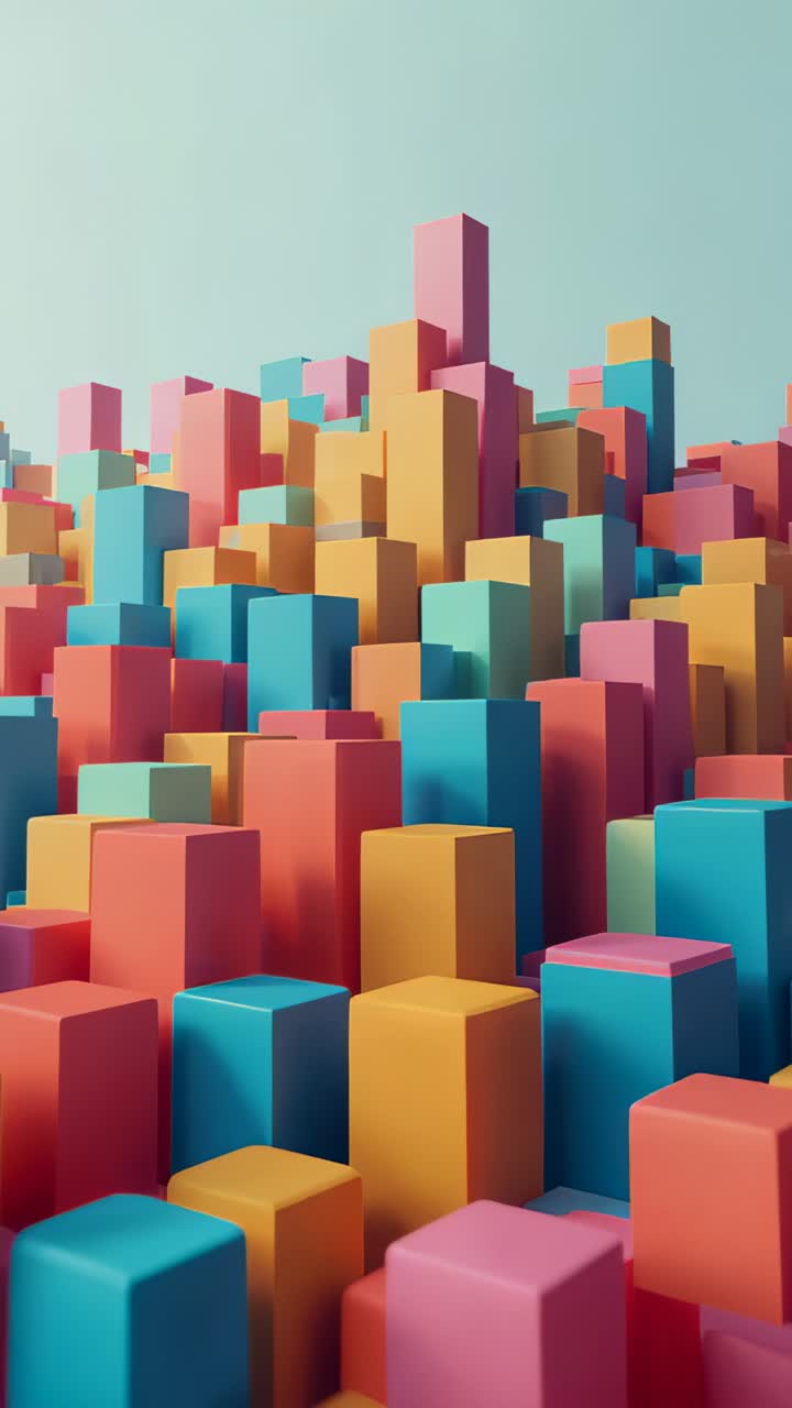 Vertical video: Panning camera moving over pastel blocks on cyan plane, revealing tall pink tower