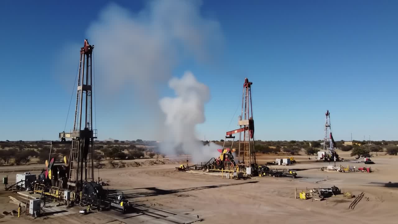 Dramatic Scenes of Oil Drilling Operations in a Desert Landscape Showcasing Equipment and Smoke Emissions from the Extraction Process