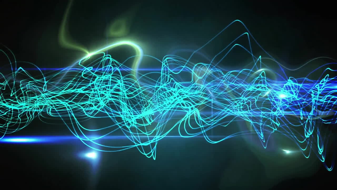 Animation of glowing blue network wave over lights on dark background