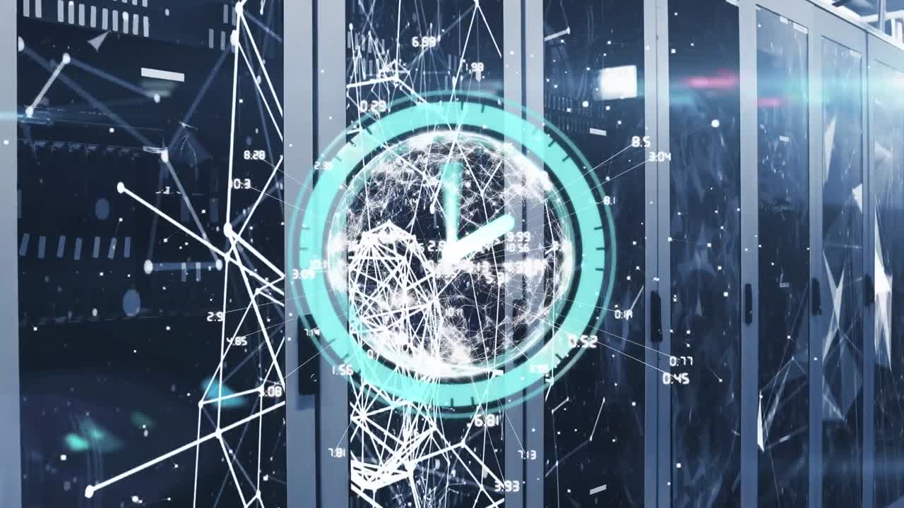 연결 네트워크의 애니메이션, 빠른 시계 이동 및 컴퓨터 서버를 통한 데이터 처리