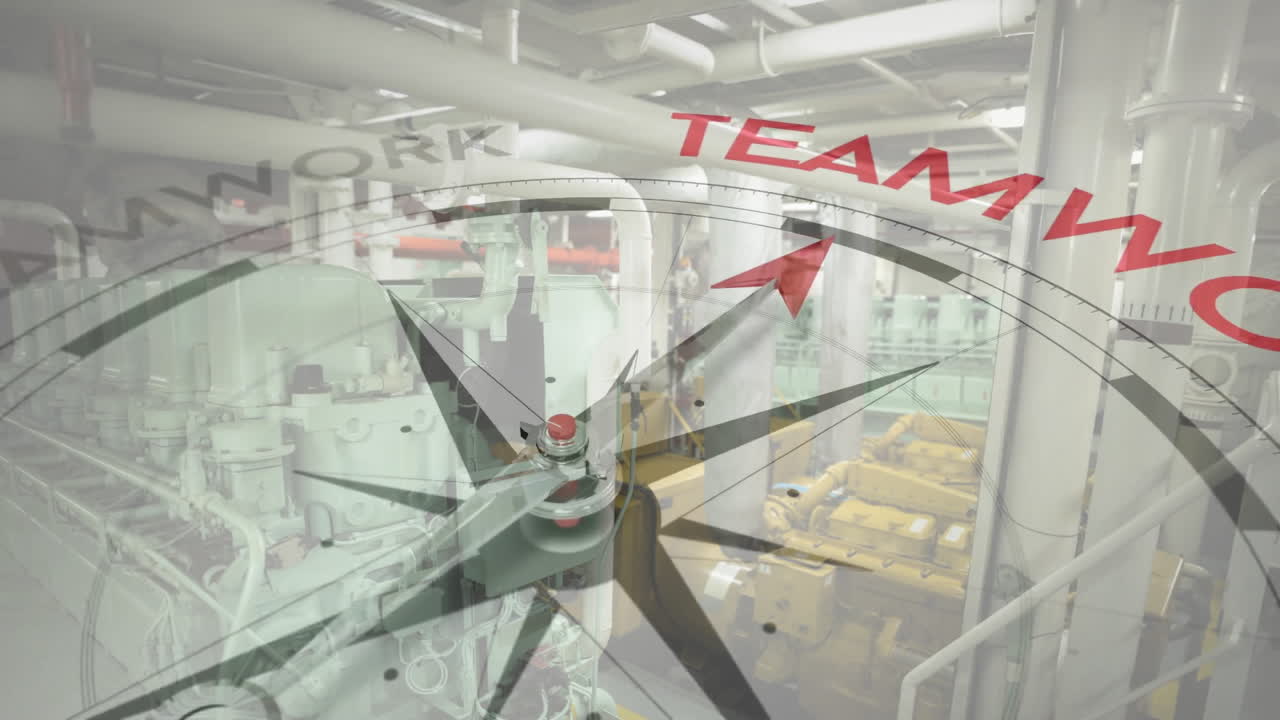 산업 기계 위에 팀워크 텍스트를 가리키는 화살표를 가진 나침반의 애니메이션