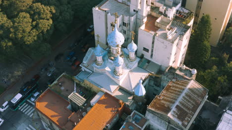 AERIAL---Russian-Orthodox-Cathedral,-San-Telmo,-Buenos-Aires,-Argentina,-lowering