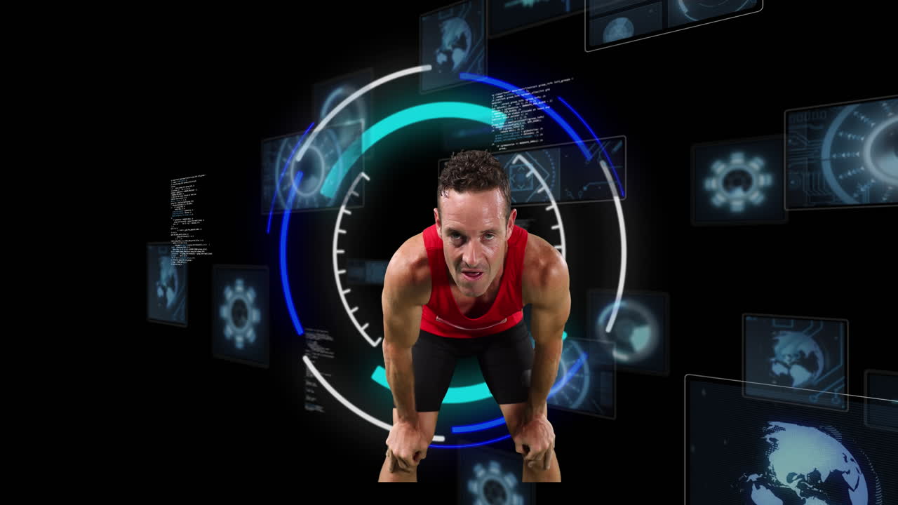 animación de un deportista caucásico escaneado por telescopio sobre fondo negro