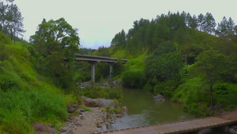 Soaring-over-the-winding-waterway,-the-drone-captures-the-tranquil-beauty-of-the-tropical-river-in-all-its-glory-before-reaching-a-bridge