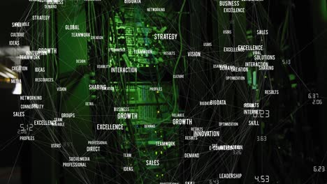 animation of data processing and text over green lights of computer server