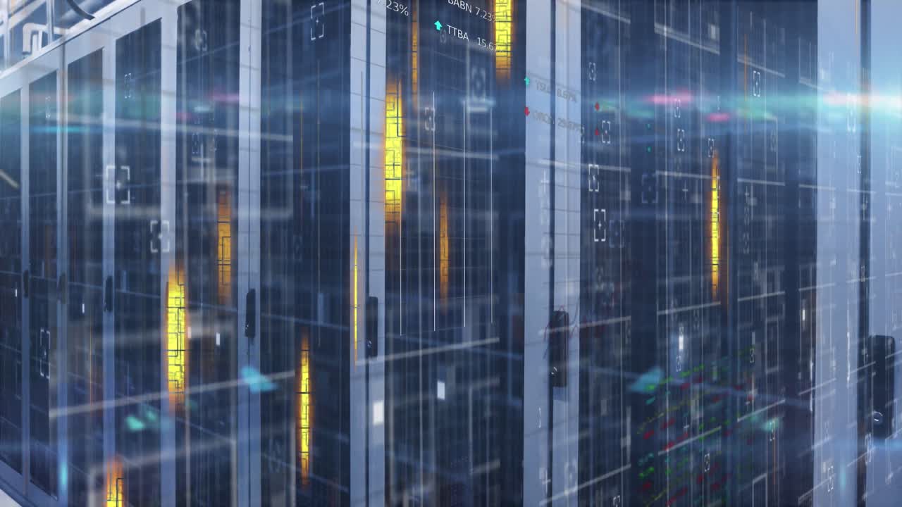 Glowing yellow lights and data processing over computer server room