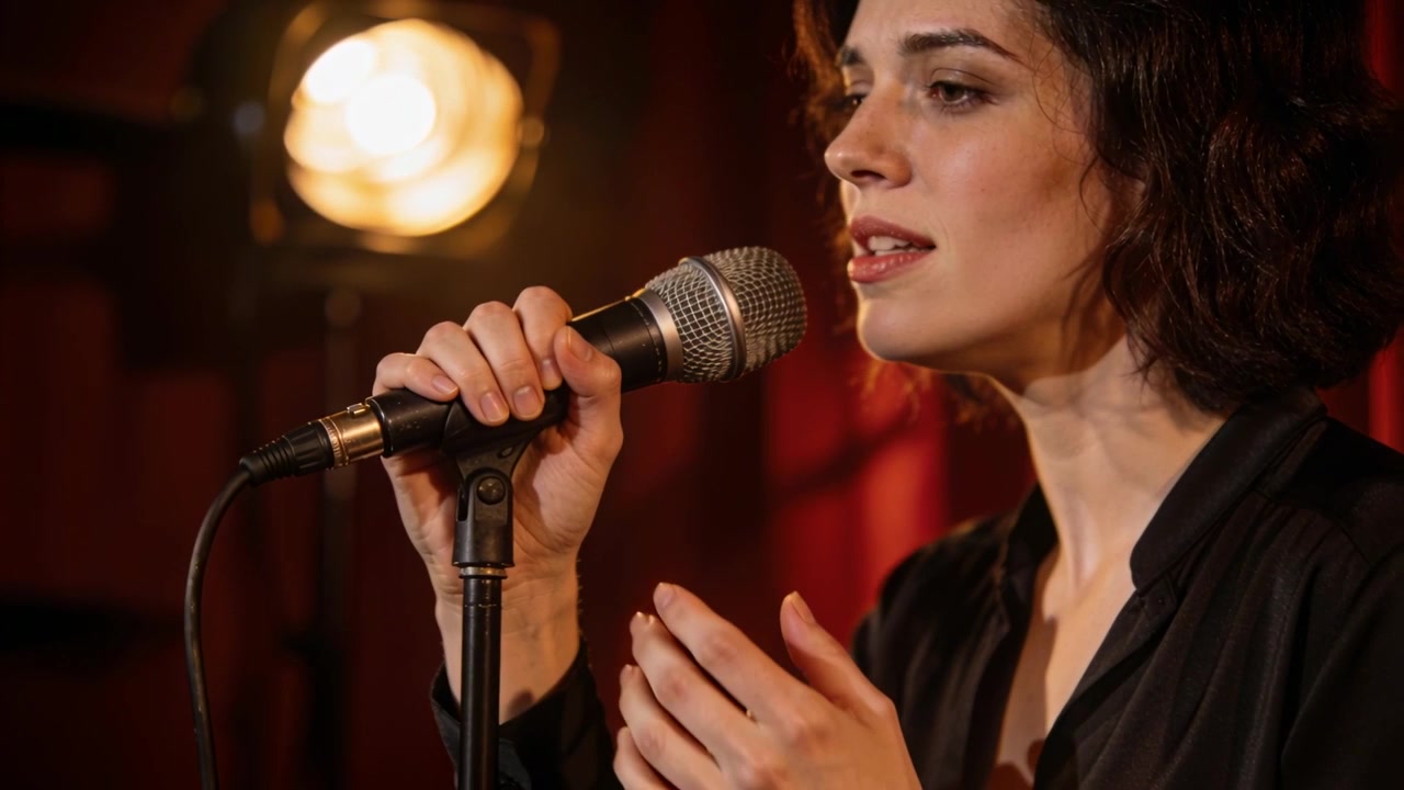 Cantante donna con top nero che afferra il microfono e inizia a cantare sul palco di un club, sotto i riflettori, con tende rosse.