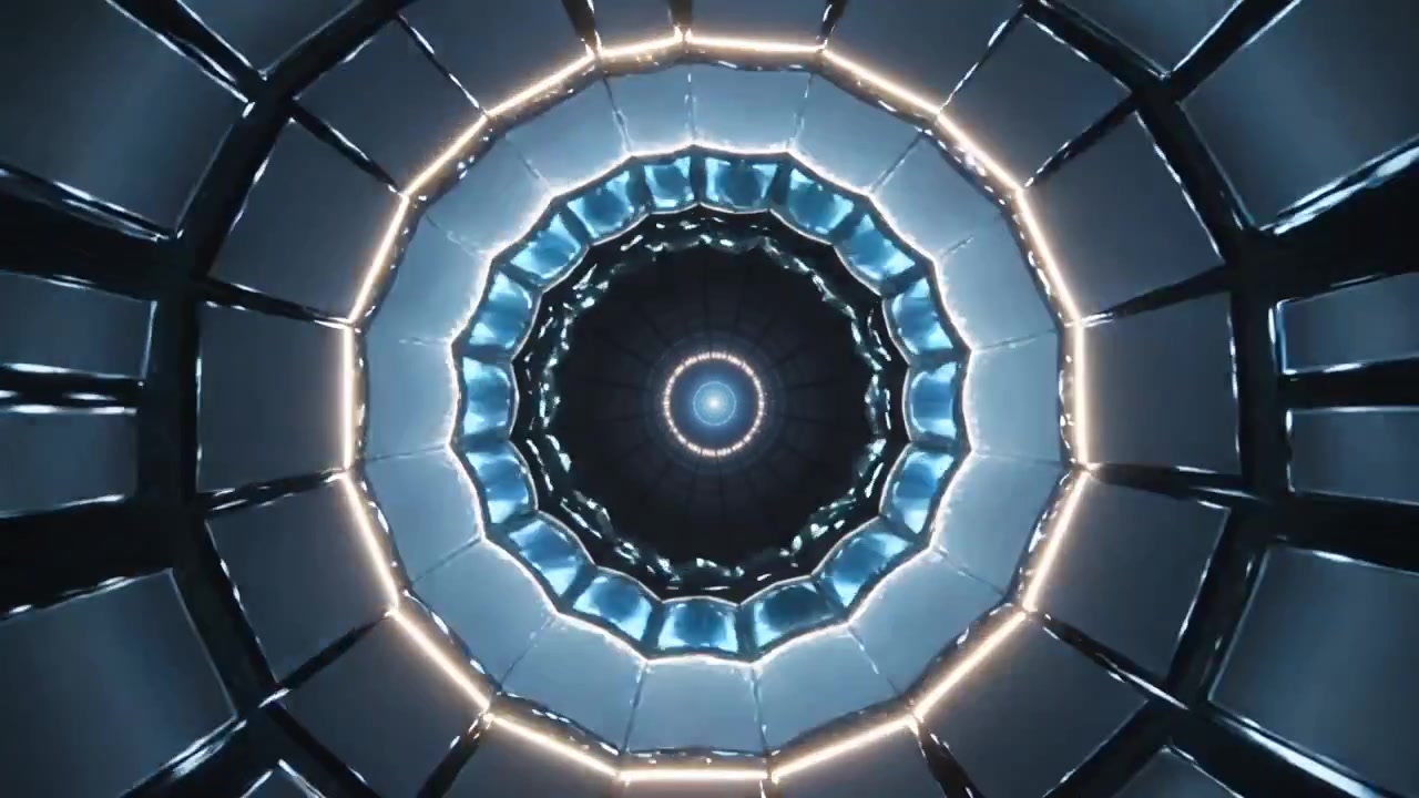 Pushing camera carrying viewer through central hypnotic tunnel, showing pulsing rings and blue core