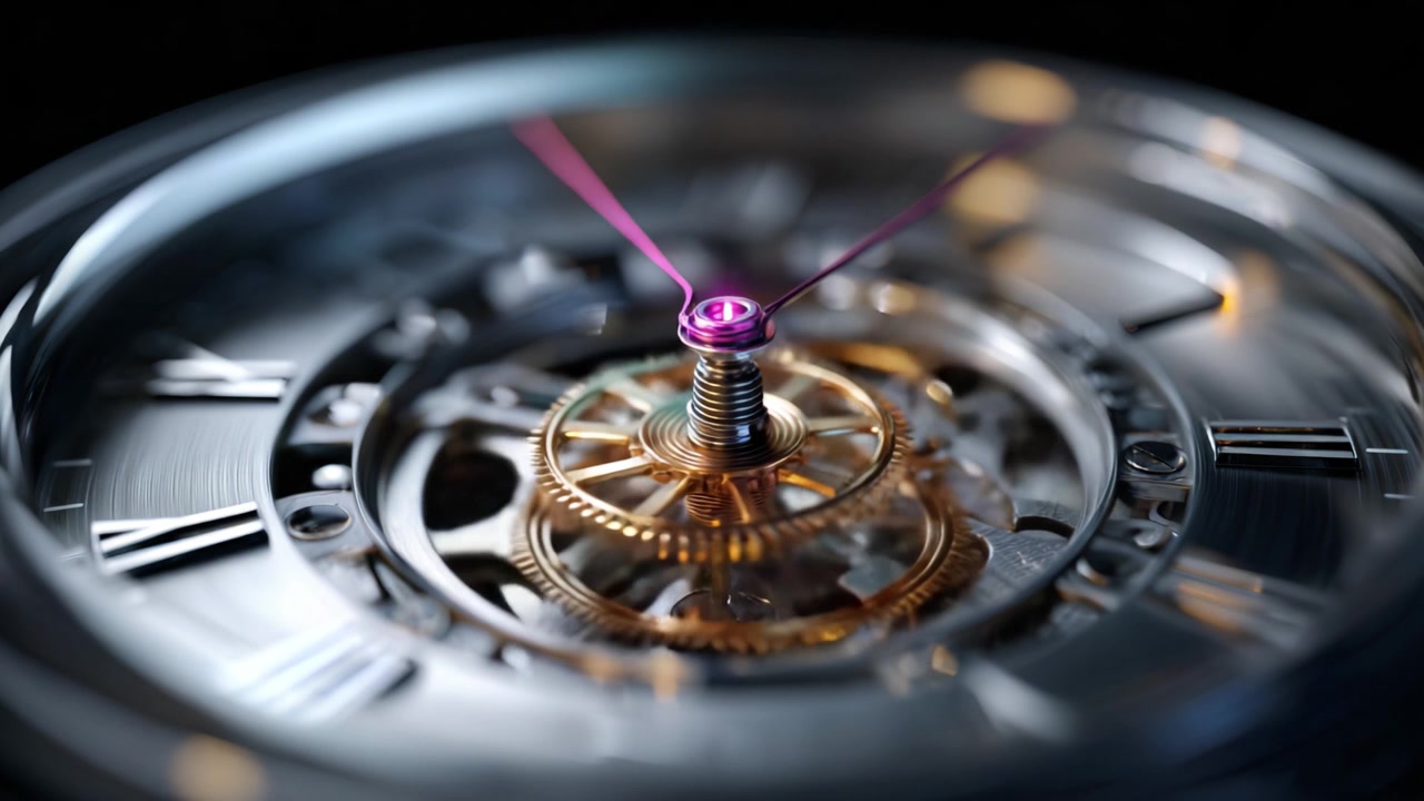 Intricate Mechanism of a Timepiece Showcase: Captivating Close-Up on Gears and Hands Revealing the Essence of Watchmaking Artistry and Precision Engineering.