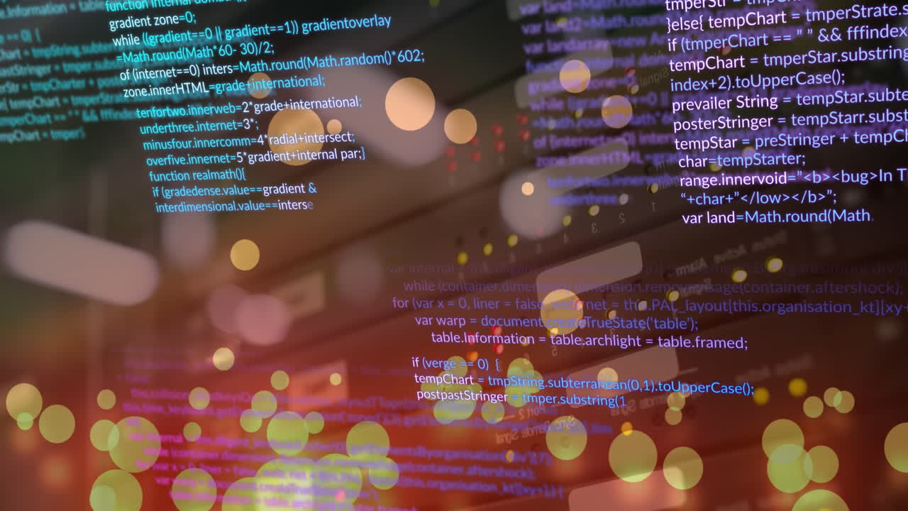 Animation of computer language and falling lens flares over multiple modems in background