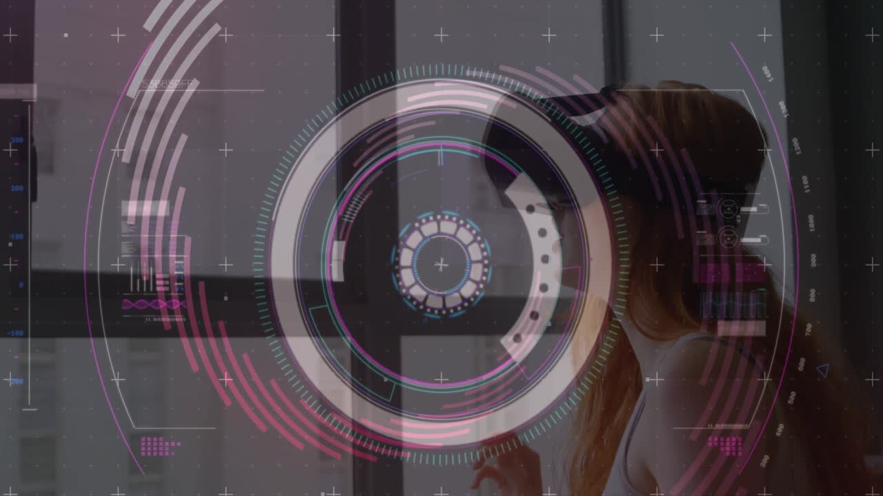 animación de formas giratorias sobre la mujer usando auriculares vr