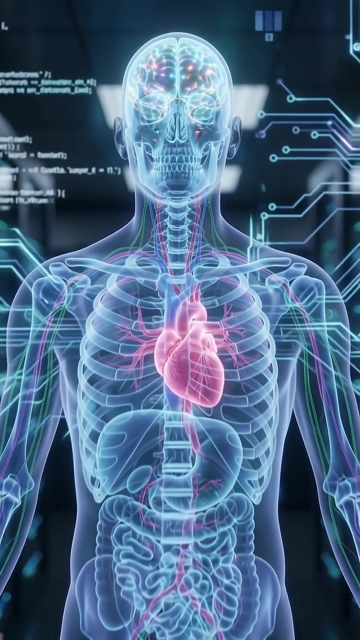 Digital Human Anatomy Model with Pulsing Heart in Server Room