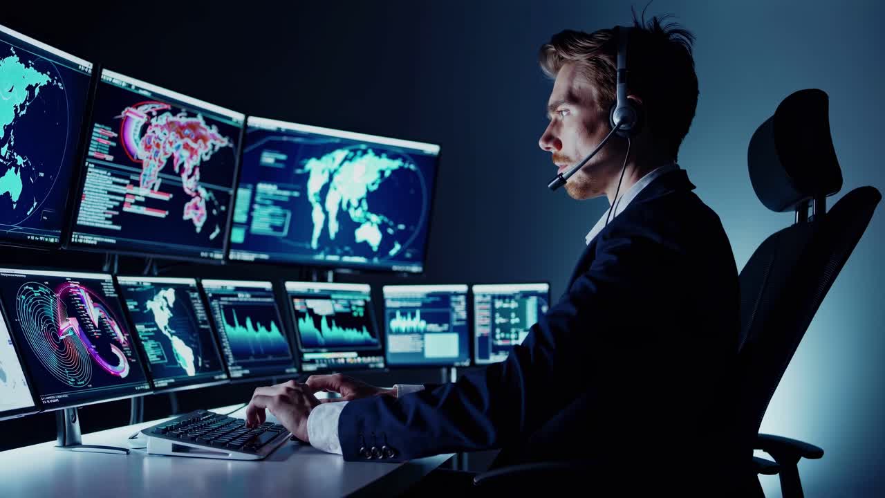 A man in a headset monitors multiple screens displaying global data