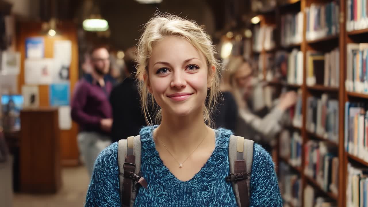 Usmívající se pilná studentka v knihovně: Zachycení radosti z učení a poznání mezi knihami a spolužáky v útulné a příjemné atmosféře