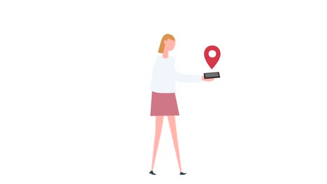 animación de personajes de mujeres coloridas. niña ciclista de caminata femenina con mapa de ubicación de teléfono inteligente situación de pin