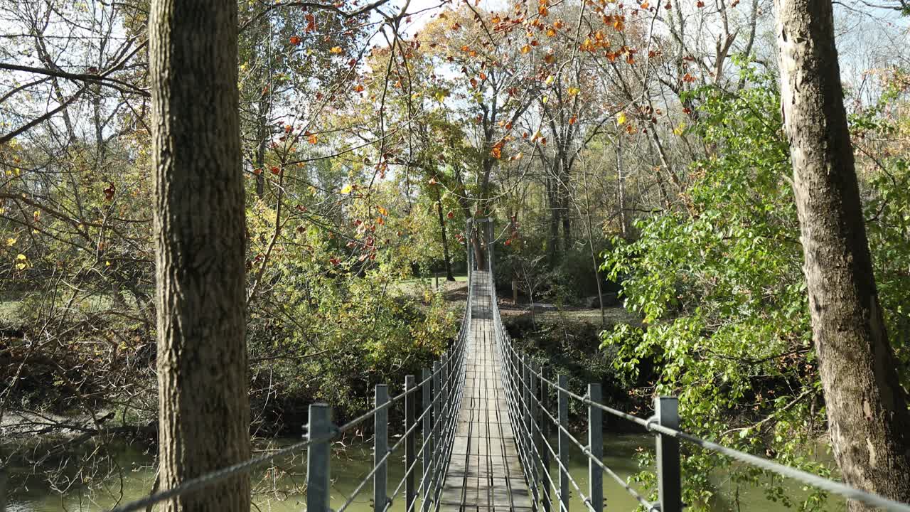 가을철 숲 속 강 위에 놓인 현수교
