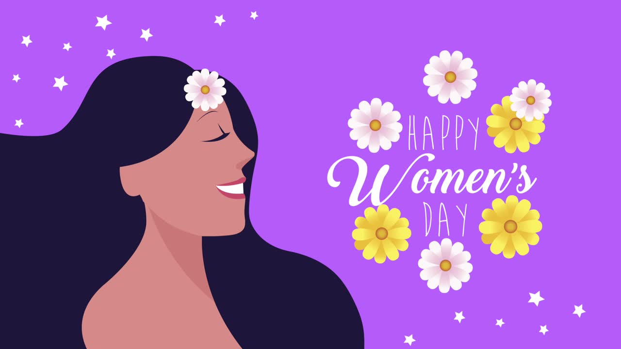 happy womens day lettering card with happy girl and flowers