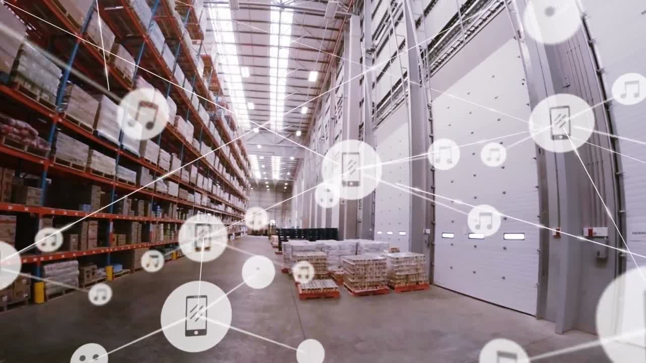 animación de redes de conexiones con iconos sobre el almacén