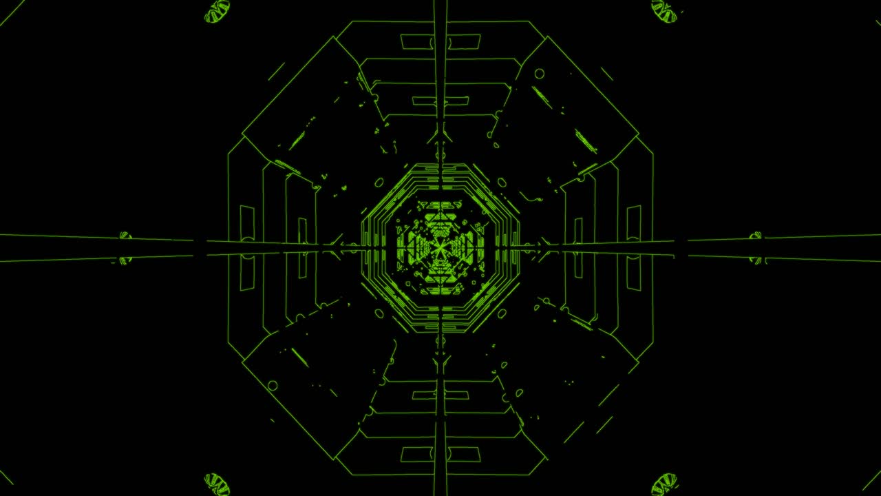Una vista di un tunnel al neon mostra linee verdi brillanti che creano un motivo geometrico. Il movimento appare fluido e veloce, ideale per sfondi animati e salvaschermi dinamici.
