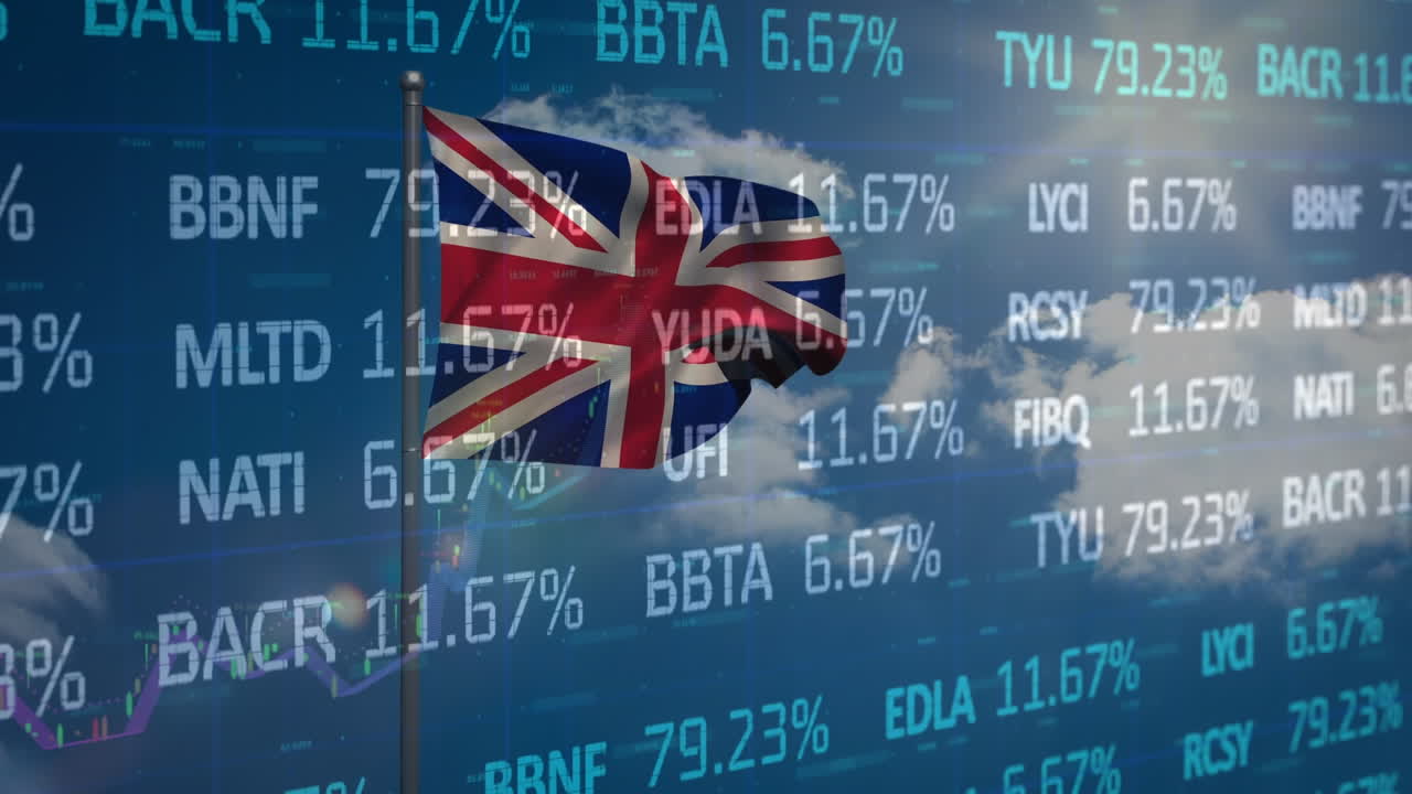 Un'animazione di dati di borsa che scorrono ed elaborano su una griglia, con la bandiera del Regno Unito che sventola