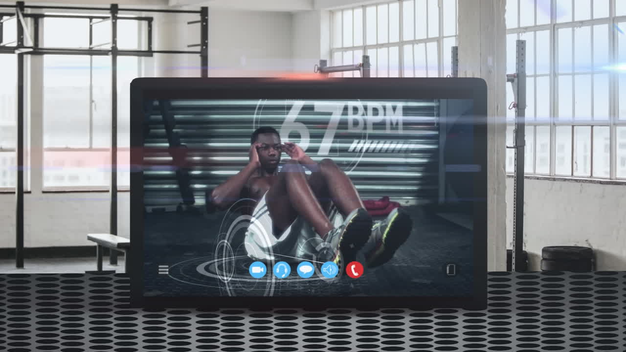 Animation of tablet computer showing a African American man exercising. Coronavirus  spreading