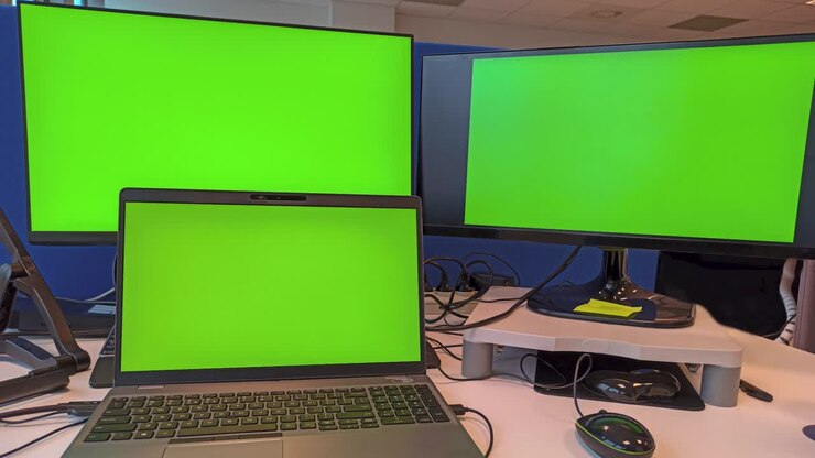 Workstation of two computer monitor and one laptop on office desk with chroma green screen in 4K.