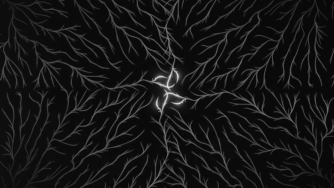 Glowing white neural branch pattern radiating symmetrically from dark center. Abstract energy flow, digital connectivity and futuristic network concept.Fractal-style illustration with copy space