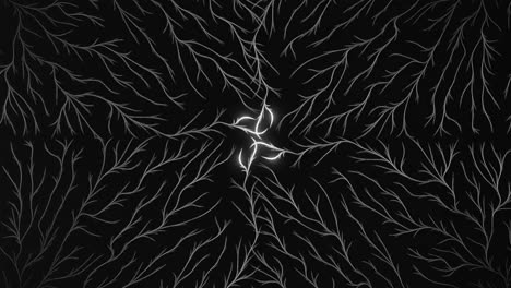glowing white neural branch pattern radiating symmetrically from dark center. abstract energy flow, digital connectivity and futuristic network concept.fractal-style illustration with copy space