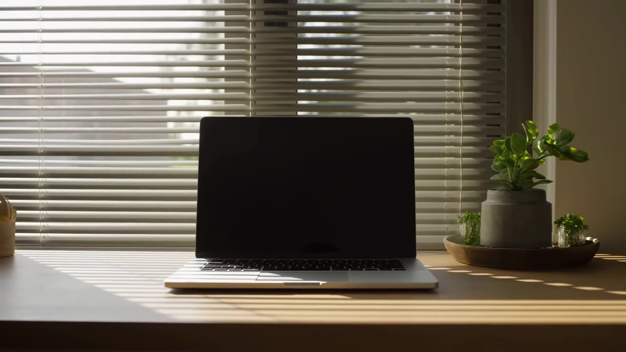A professional office workspace featuring a stationary laptop on a wooden desk with a metal base, complemented by blinds and plants in a side view. The scene is characterized by green.