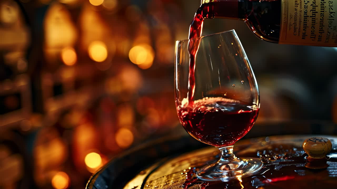 Versare il vino in una cantina. Una persona versa del vino rosso da una bottiglia in un bicchiere