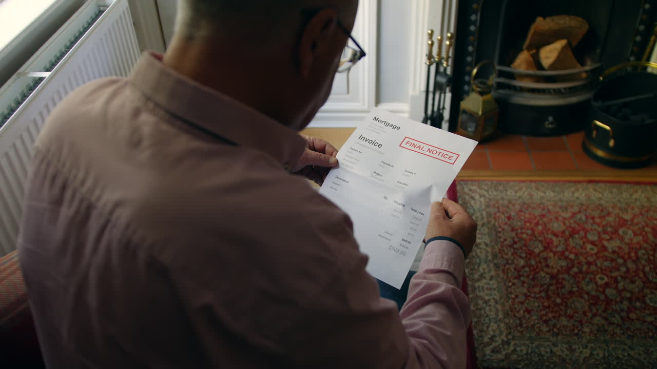 un anciano solitario abriendo una carta de deuda