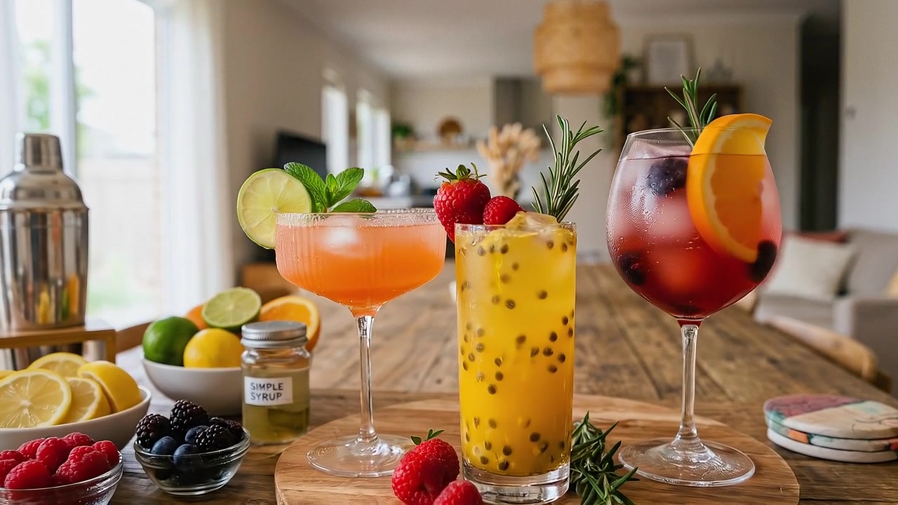 Assorted Colorful Summer Cocktails and Mocktails Placed on Restaurant Buffet Counter