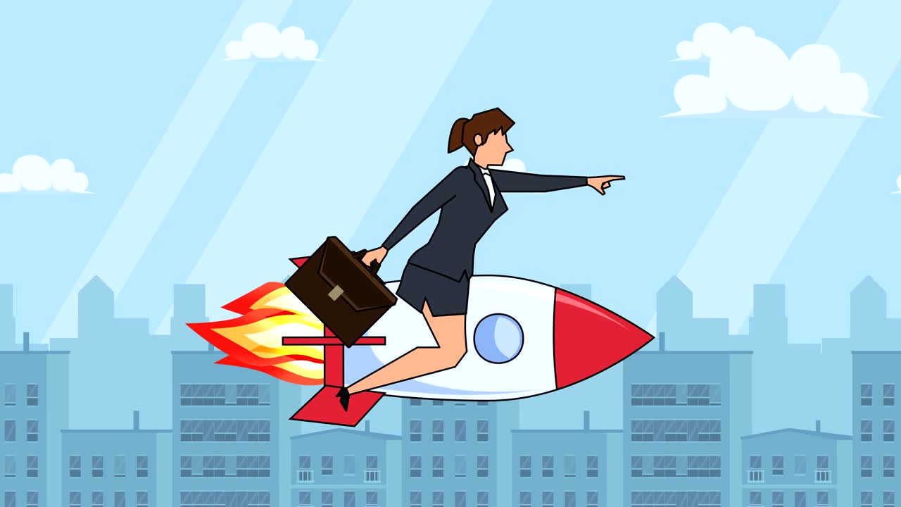 personaje de mujer de negocios de dibujos animados plano con bolsa de caso volar en cohete animación de concepto de inicio