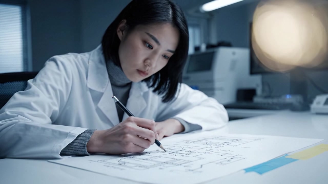 白衣を着た集中する研究者が、柔らかな人工照明の下、現代の実験室環境でペンを使い精密に技術設計図を分析している様子
