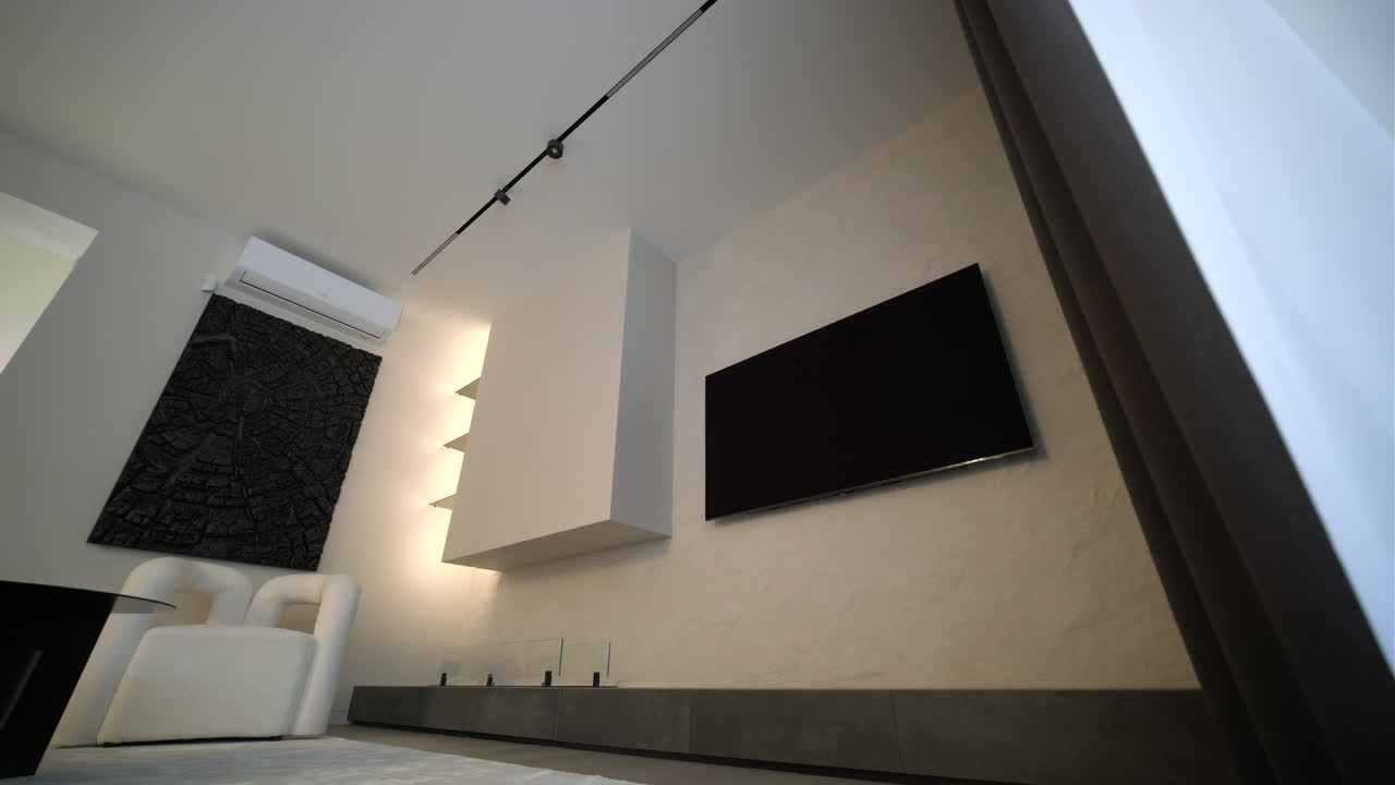 Modern Living Room Interior with Television and Bio-fireplace