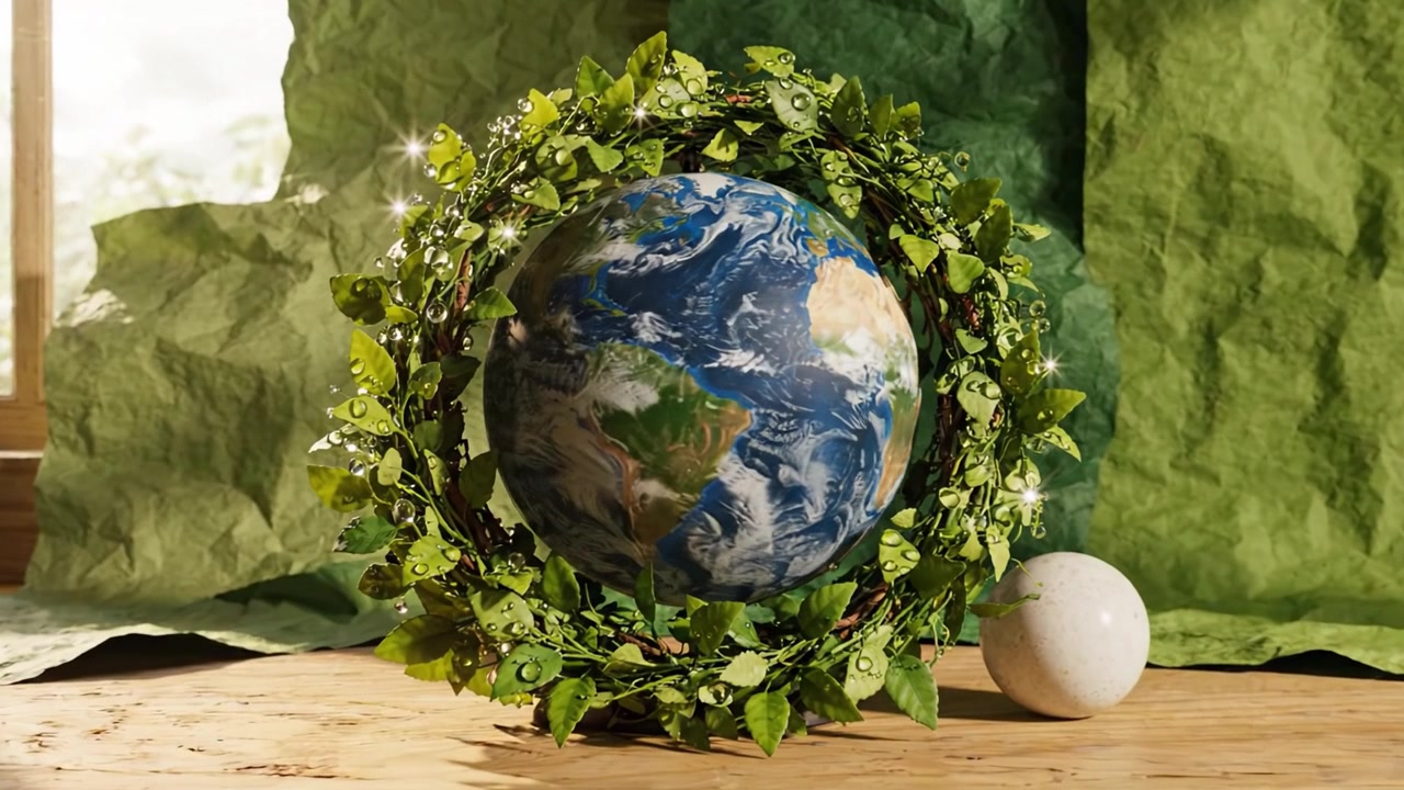 Una Terra vibrante circondata da una vegetazione rigogliosa, che simboleggia la bellezza della natura e l'importanza della conservazione ambientale e degli sforzi per la sostenibilità.