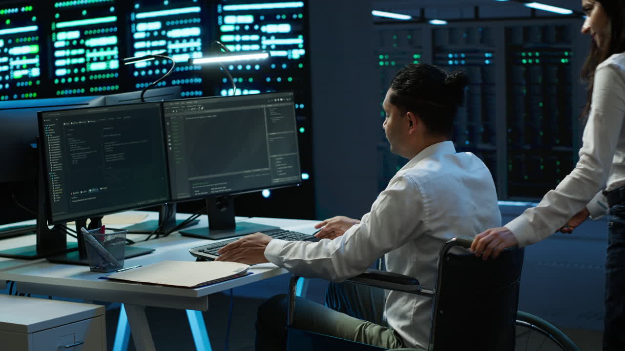 usuario de silla de ruedas que protege el equipo de hardware del centro de datos