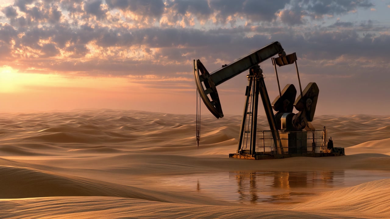 A solitary oil pumpjack stands amidst endless golden sand dunes, basking in the glow of a stunning sunset, symbolizing the contrast between nature and industry.