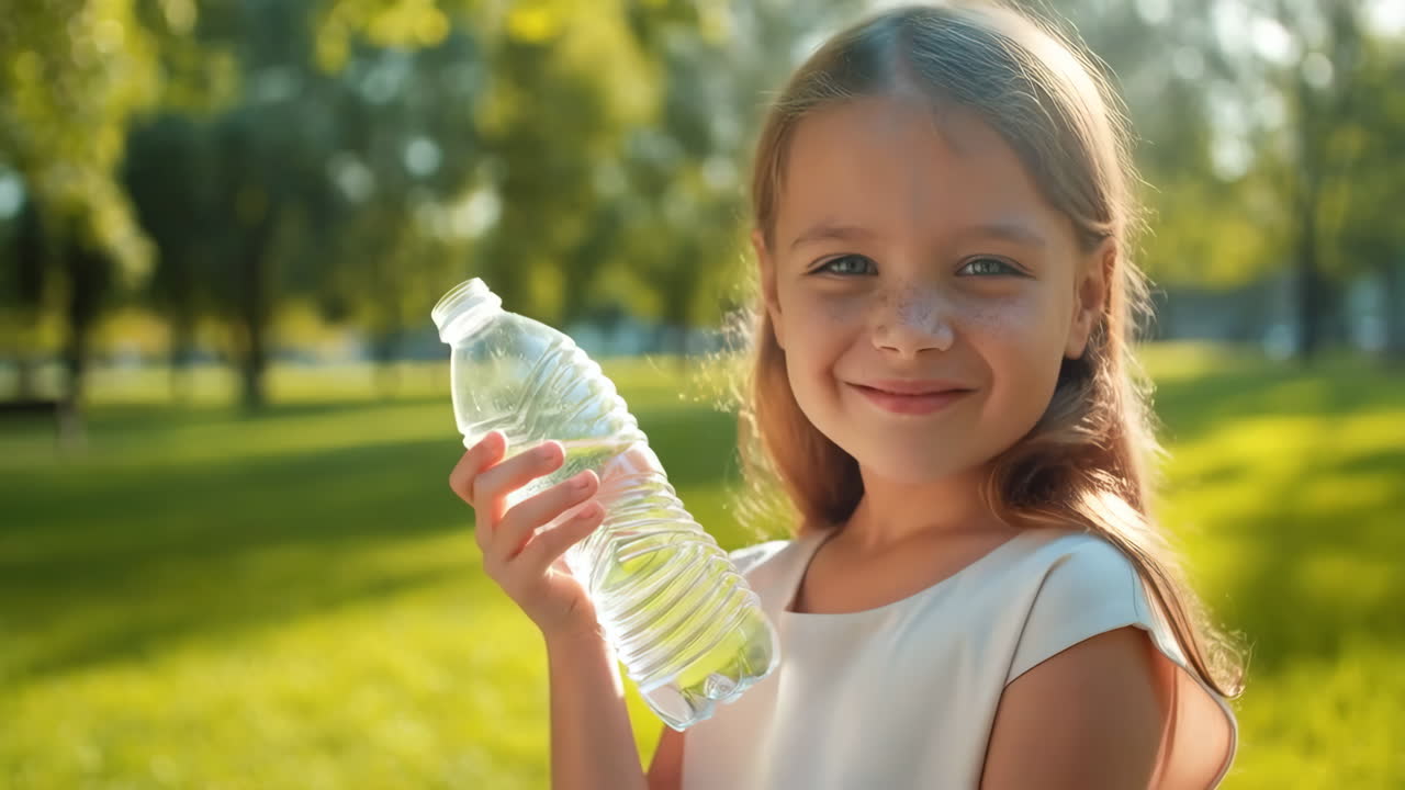 A young girl holding a water bottle in a park