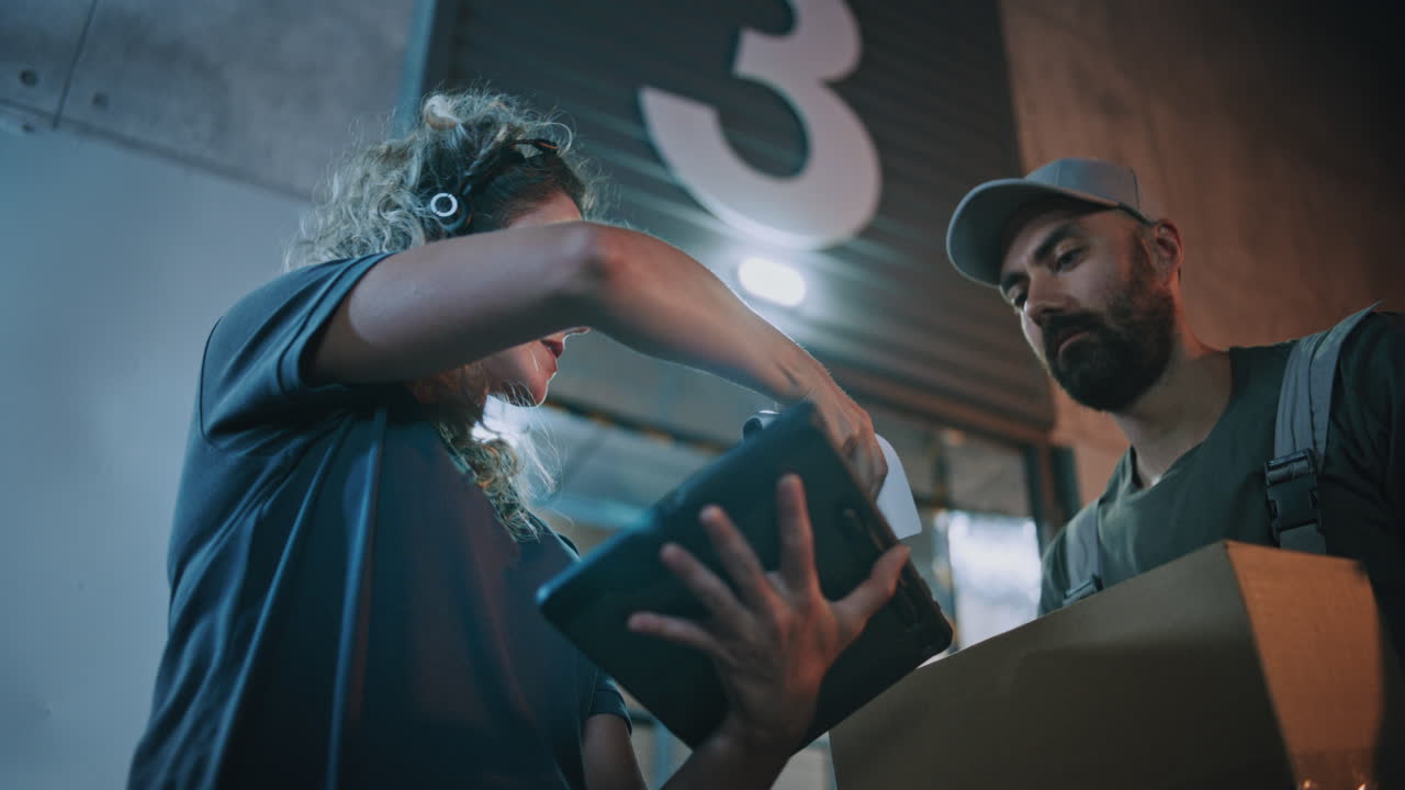 Diverse Employees Working at Night in Logistics Warehouse Female Manager Scanning Parcels