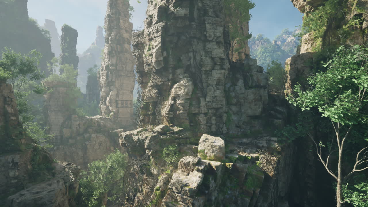 울창한 정글에서 신비한 돌 기둥