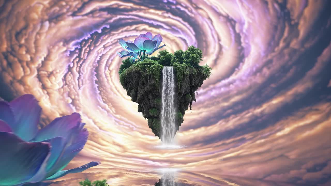Surreal video concept of a floating island with a waterfall, viewed from a low angle