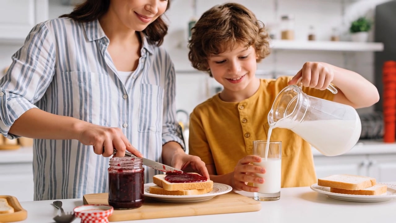 Preparing mother striped top spreading jam on counter, son mustard henley lifting jug pouring milk