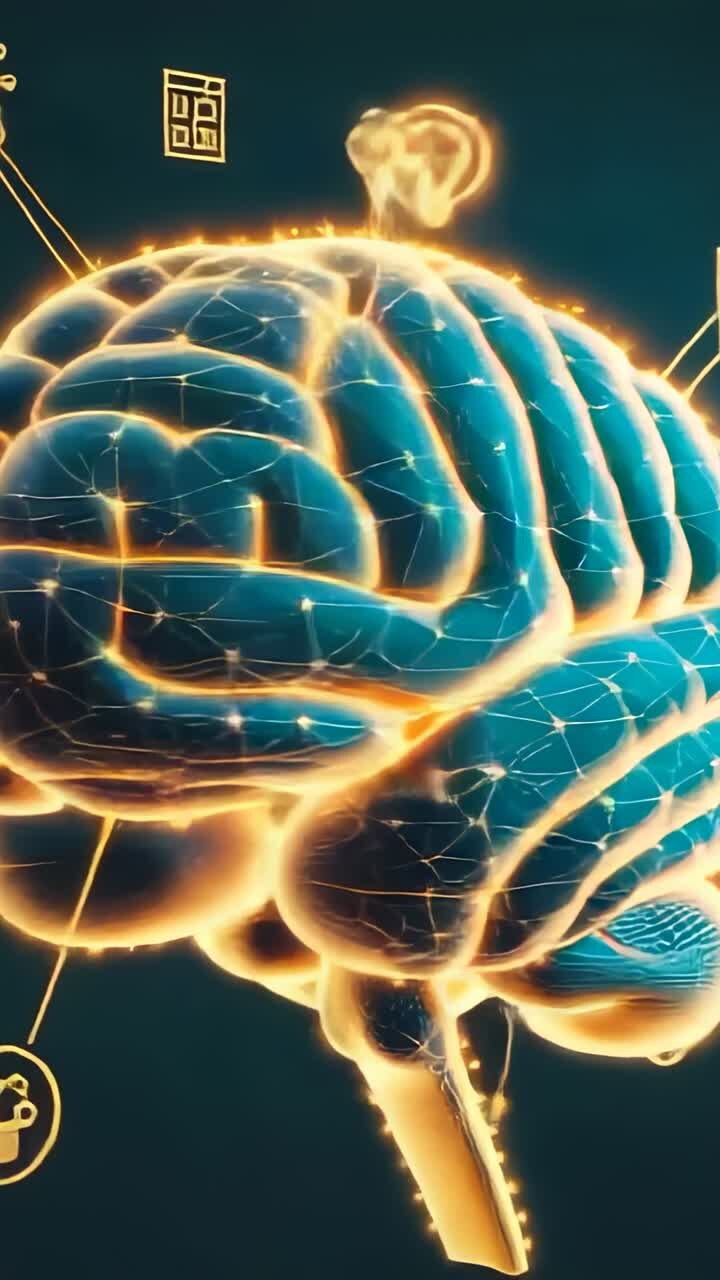 Vertical video: Emerging brain model rotating, shifting icons and network in space, showing links