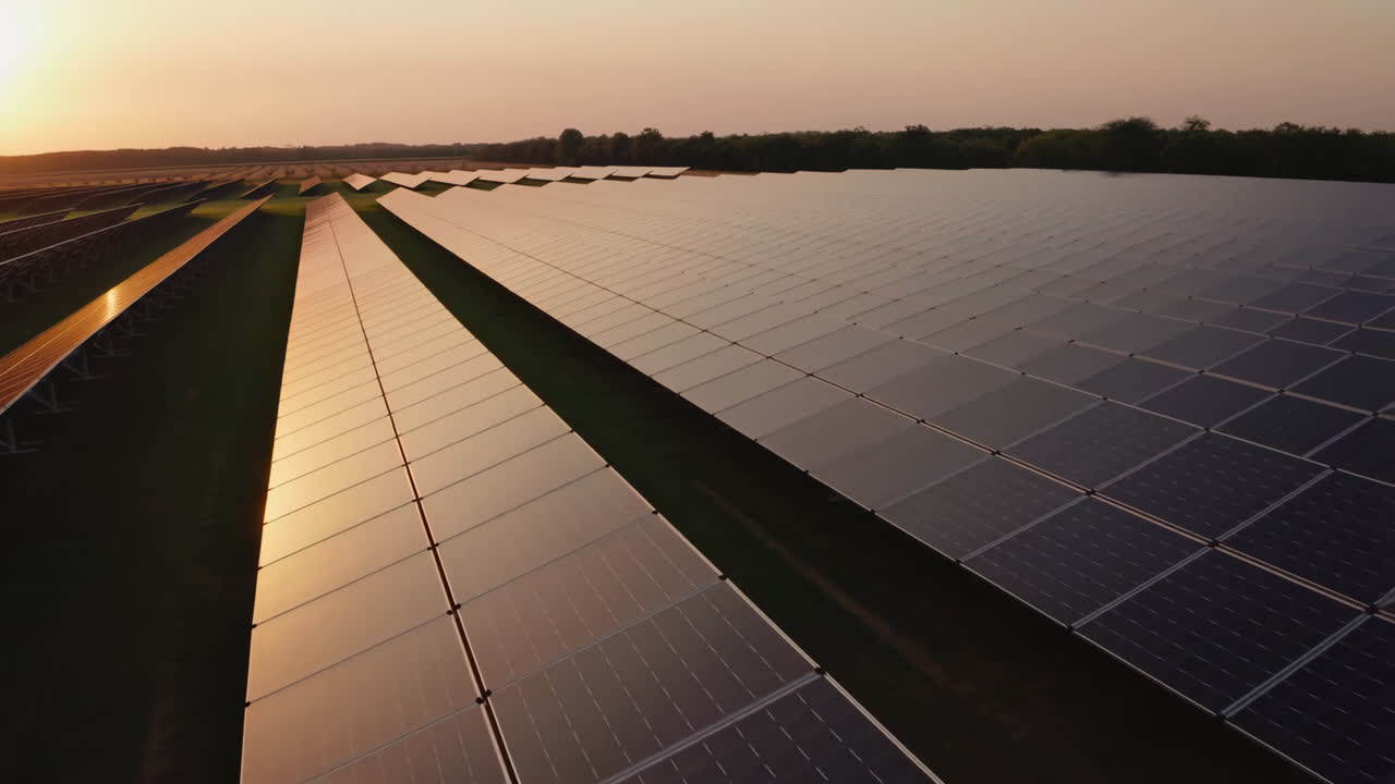 Aerial View of a Solar Farm at Sunset