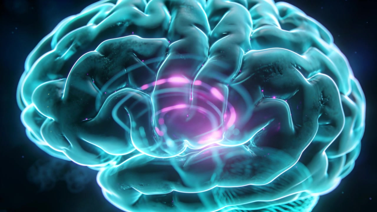 Rotating translucent cortex brain in dark space with haze, magenta nucleus activating pulsing rings