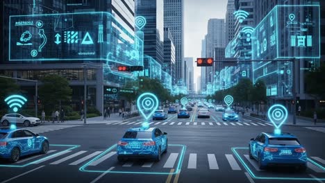 futuristic smart city intersection showcasing autonomous vehicles with advanced navigation technology in an urban landscape of connected infrastructure