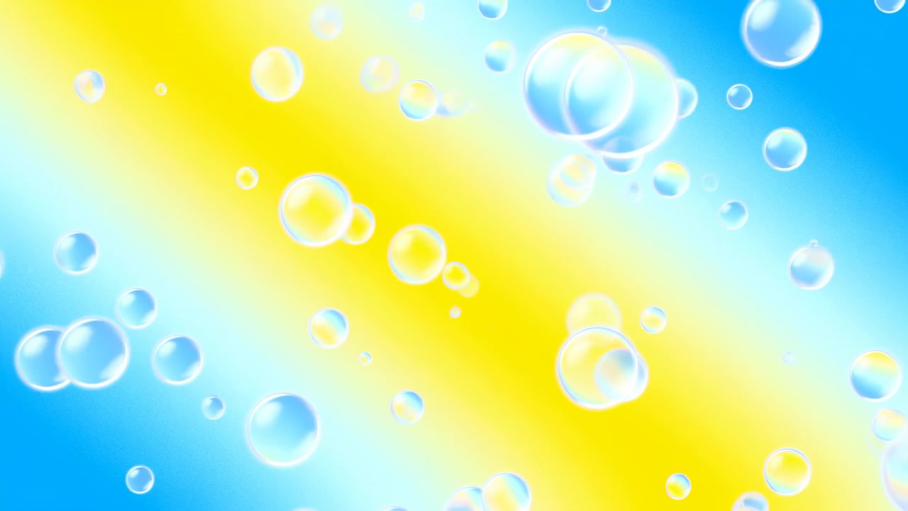 Bright Blue Yellow Gradient With Bubbles, Glassy Spheres Drift Across Sunlit Backdrop With Gentle Motion