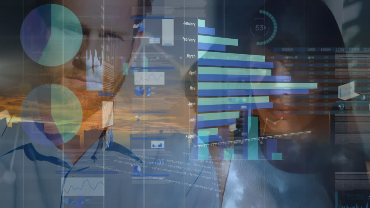 animación de gráficos digitales moviéndose sobre el retrato de una pareja joven y confiada contra la pared